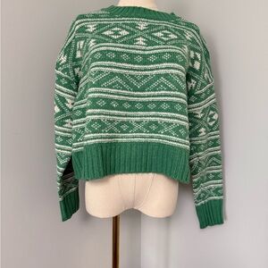 American Eagle Green & White Jacquard Cropped Sweater | Size S | Fair Condition